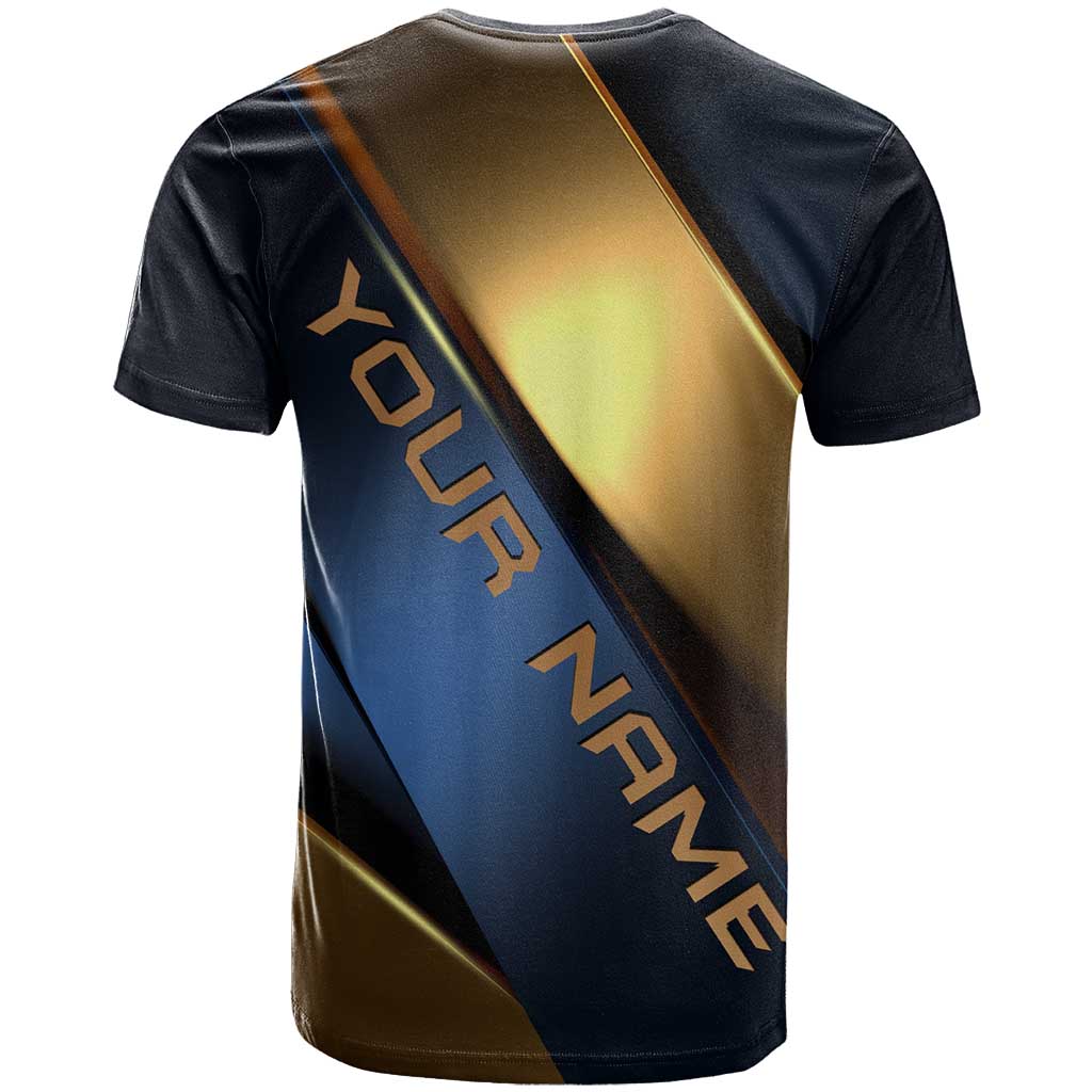 Angry Bowling Ball and Pins T-Shirt with Blue and Gold Metallic Stripe Graphic Design Graphic Tee