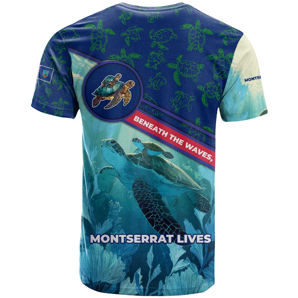Montserrat T-Shirt with Sea Turtle Illustration Blue Underwater Ocean Design Graphic Tee