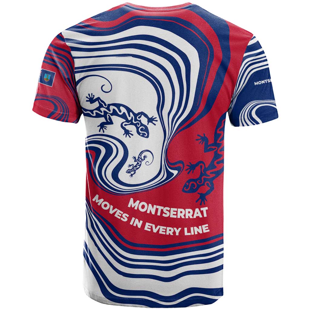 Montserrat T-Shirt with Gecko Illustration Red Blue Wavy Line Design Graphic Tee