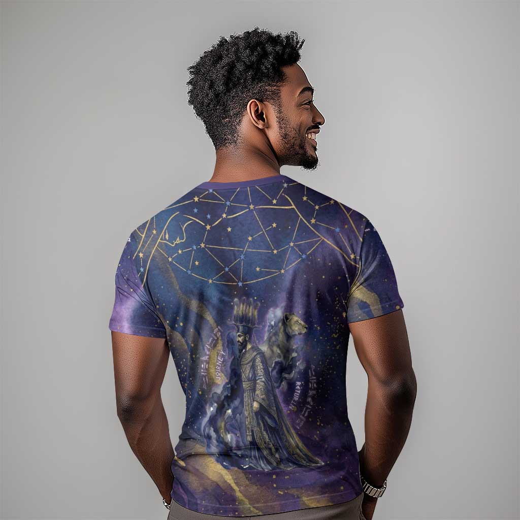 Onuris T-Shirt Cosmic Warrior Egyptian God Eye of Horus Spears Starry Night Graphic Tee