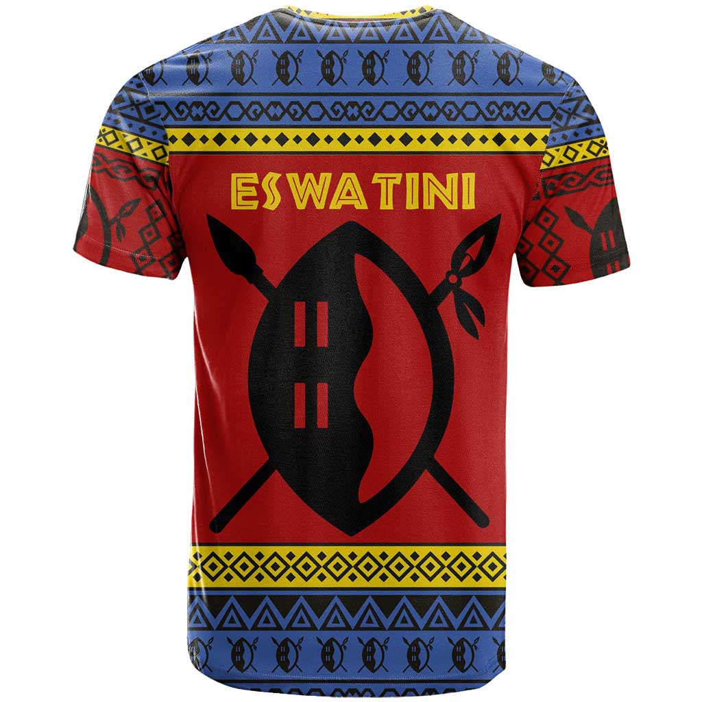 Eswatini Flag T-Shirt with Traditional Shield Spear and Cultural Pattern Design Graphic Tee