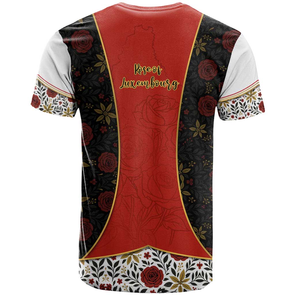 Luxembourg T-Shirt with Floral Folk Embroidery and Red Black Pattern Design Graphic Tee
