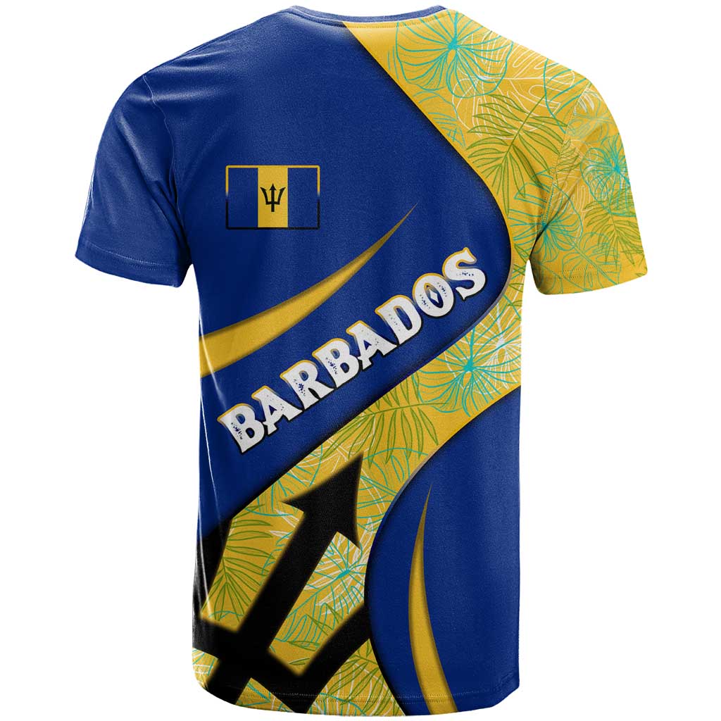 Barbados Flag T-Shirt Blue and Yellow with Trident and Tropical Leaf Pattern Graphic Tee