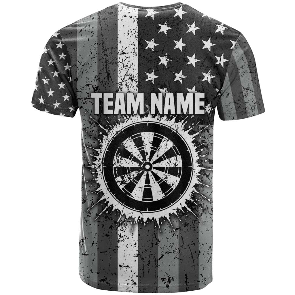 Grunge American Flag Darts T-Shirt with Dartboard Target and Black White Stars Graphic Tee