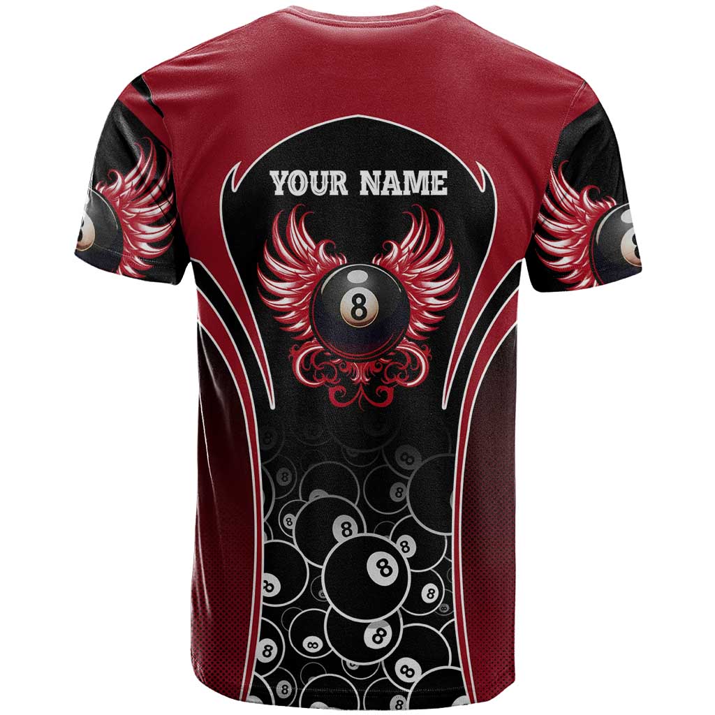 Personalized Billiards Eight Ball T-Shirt with Red Wing Emblem and Black Gradient Bubble Pattern Graphic Tee
