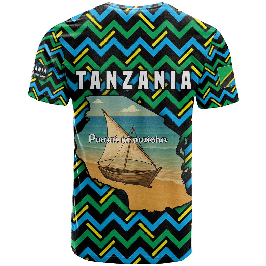 Tanzania Coastal Life T-Shirt with Swahili Dhow Boat and Tribal Pattern Graphic Tee