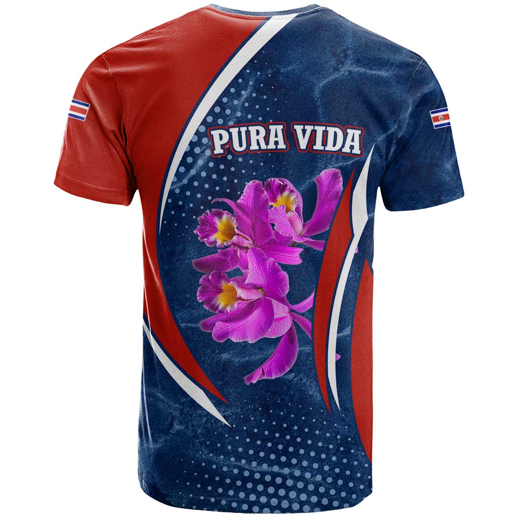 Costa Rica Orchid T-Shirt Red and Blue with National Emblem and Purple Flower Design Graphic Tee
