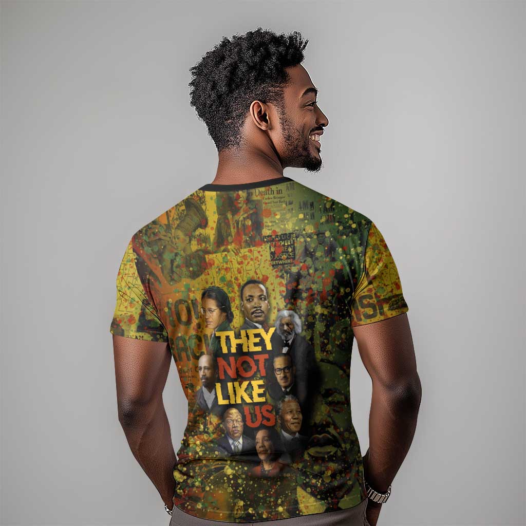 Black History Portrait Collage T-Shirt Africa Empowering They Not Like Us Quote in Grunge Paint Graphic Tee