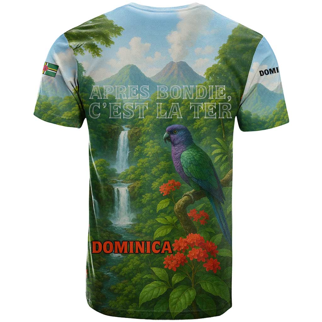 Dominica Nature T-Shirt Sisserou Parrot and Waterfall Island Map with National Flag Design Graphic Tee