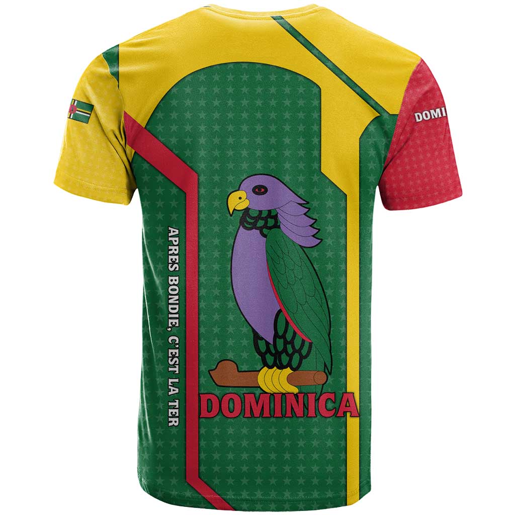 Dominica Flag T-Shirt National Parrot and Stars Design with Motto Apres Bondie Cest La Ter Graphic Tee