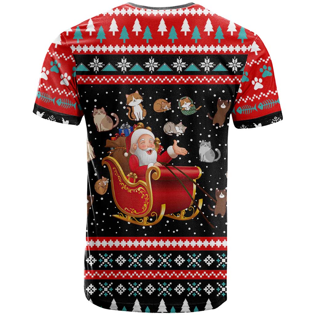Funny Santa T-Shirt with Cats for Everybody Quote and Red Christmas Pattern Graphic Tee