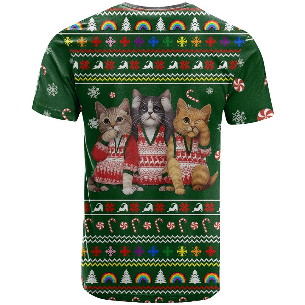 Funny Cats Make Me Happy Humans Make My Head Hurt Quote T-Shirt with Green Christmas Pattern Graphic Tee