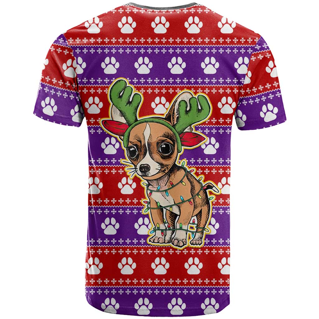 Chihuahua Christmas T-Shirt with Im Not a Chihuahua Im a Baby Quote and Red Purple Christmas Pattern Graphic Tee