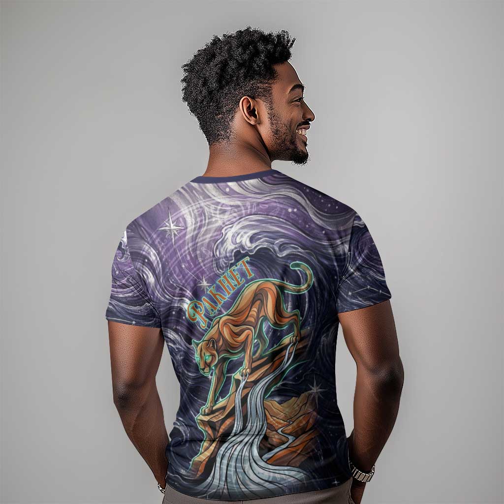Pakhet Panther T-Shirt with Cosmic Feline Eye on Starry Night River Graphic Tee