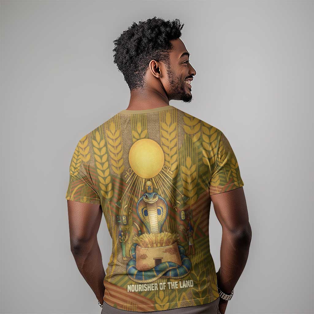 Renenutet Golden Cobra T-Shirt with Wheat Motif in Egyptian Agricultural Theme Graphic Tee