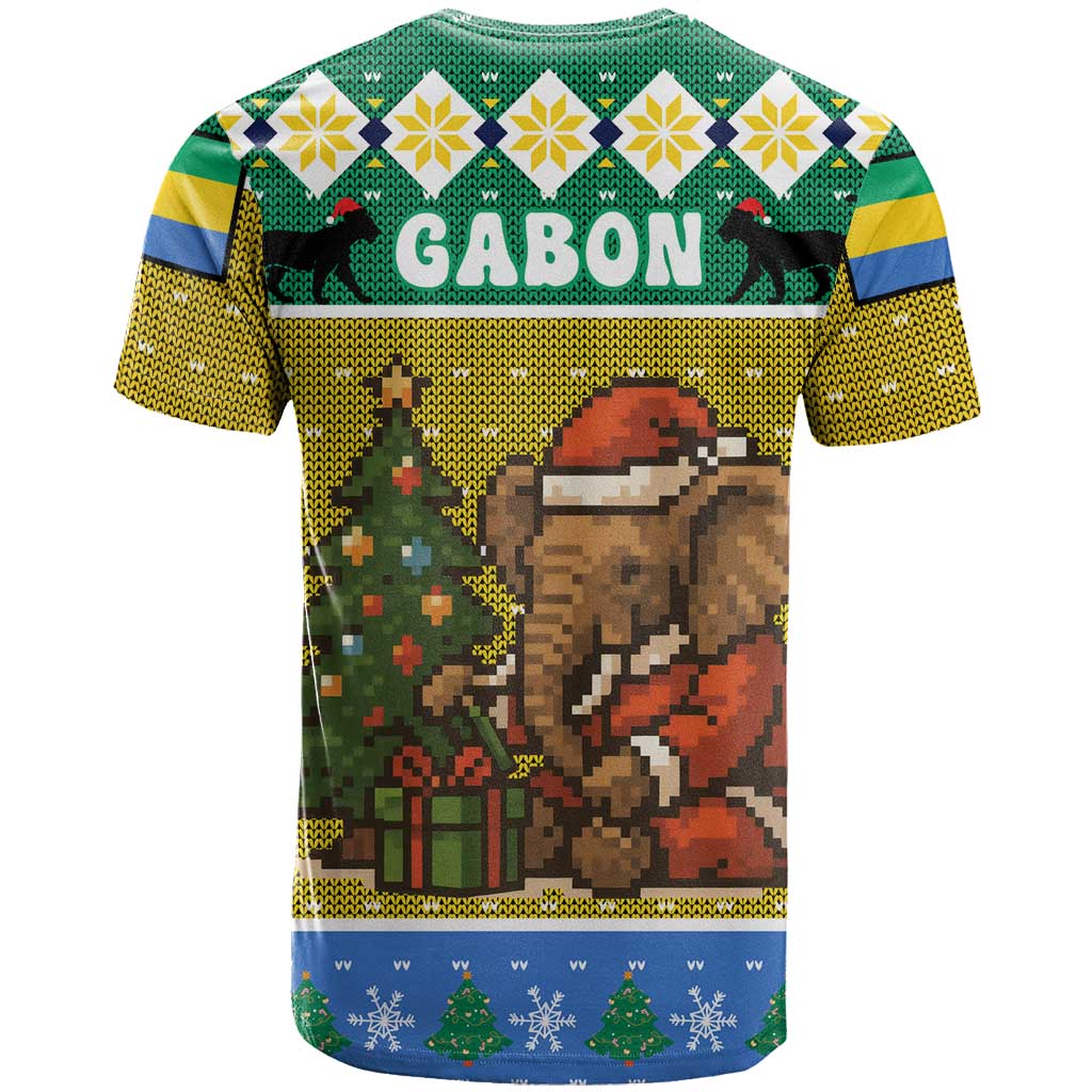 Gabon Christmas T-Shirt with Pixel Art Elephant Santa Christmas Tree and Flag Colors Pattern Graphic Tee