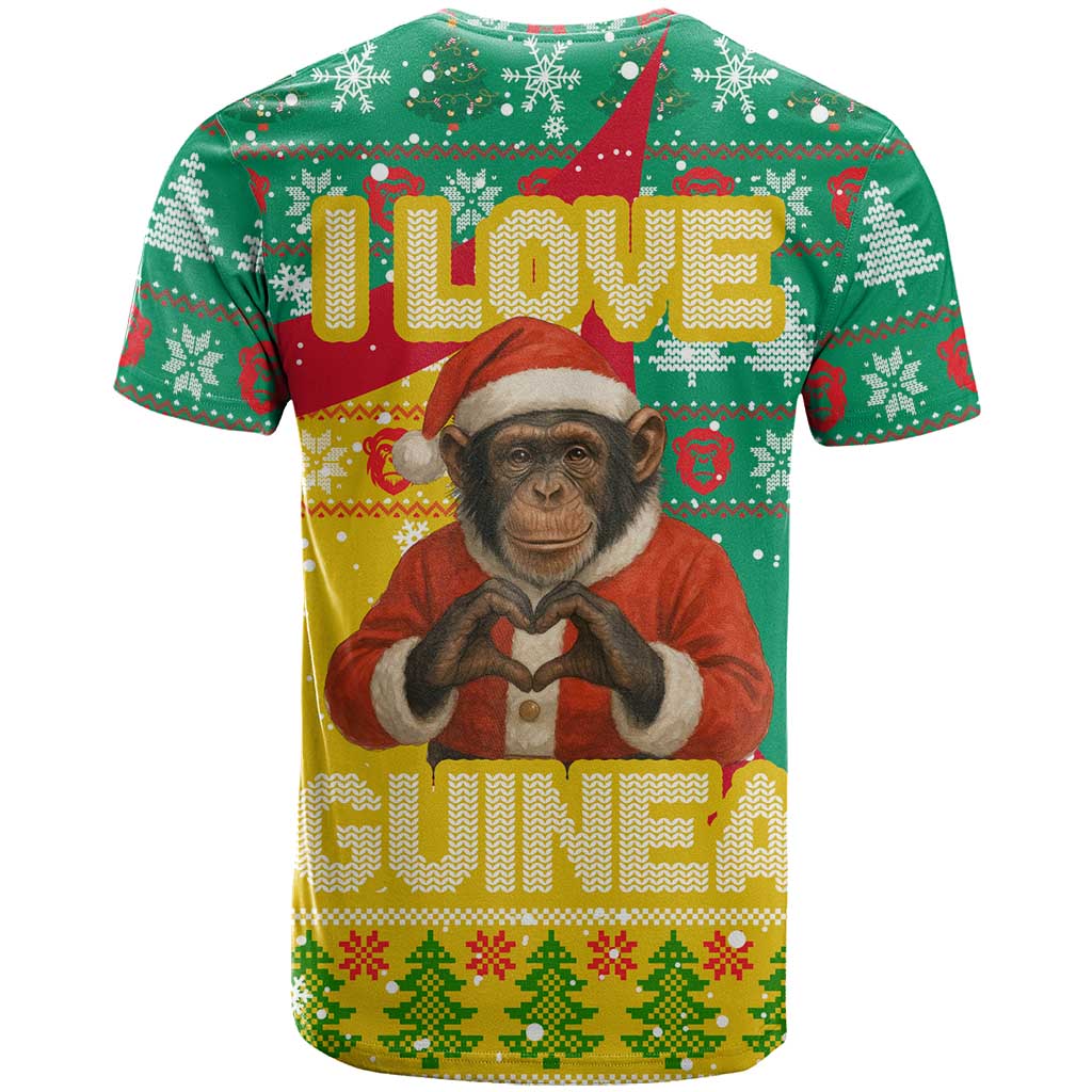 Guinea Christmas T-Shirt with Santa Chimpanzee Heart Hands and Green Red Snowflake Pattern Graphic Tee