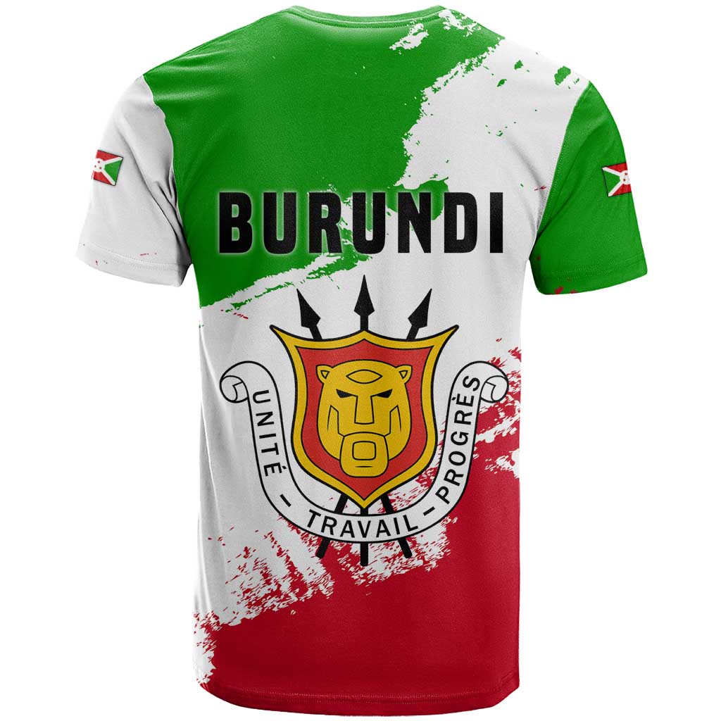 Burundi Flag T-Shirt with National Emblem and Motto Unité Travail Progres Graphic Tee