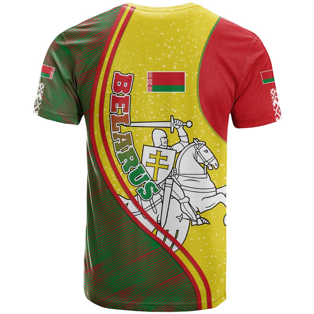 Belarus Pahonia Knight Crest T-Shirt with Red Green Yellow Folk Pattern Design Graphic Tee
