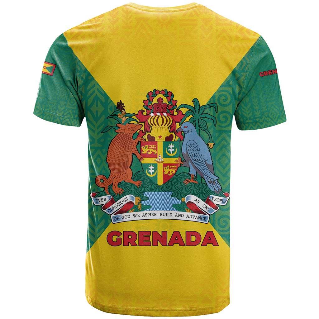 Grenada Coat of Arms T-Shirt with Yellow Green Flag Colors and Tribal Pattern Design Graphic Tee