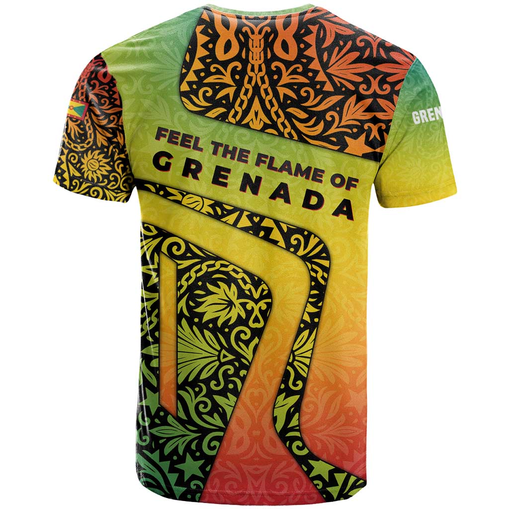 Grenada Tribal Floral Pattern T-Shirt with Rasta Gradient and Flame Motto Design Graphic Tee