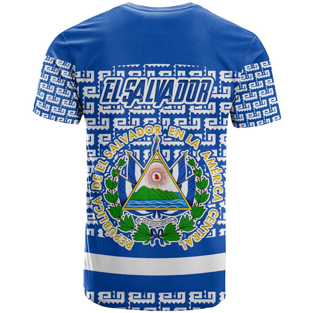 El Salvador Tribal Pattern T-Shirt with National Coat of Arms and Blue White Theme Graphic Tee