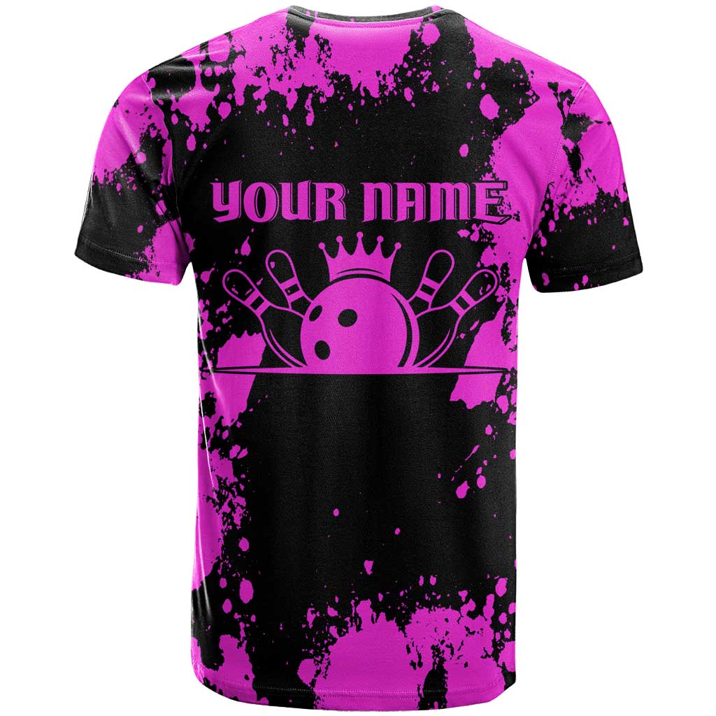 Pink Paint Splatter Design T-Shirt with Bowling Graphic and Custom Team Name Text Graphic Tee