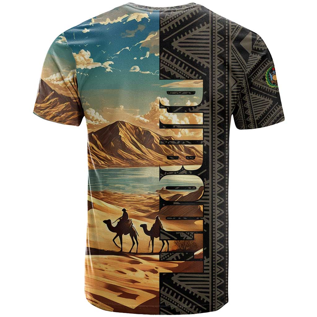Djibouti Desert Landscape Tadjoura T-Shirt with Camel Riders and Tribal Pattern Design Graphic Tee