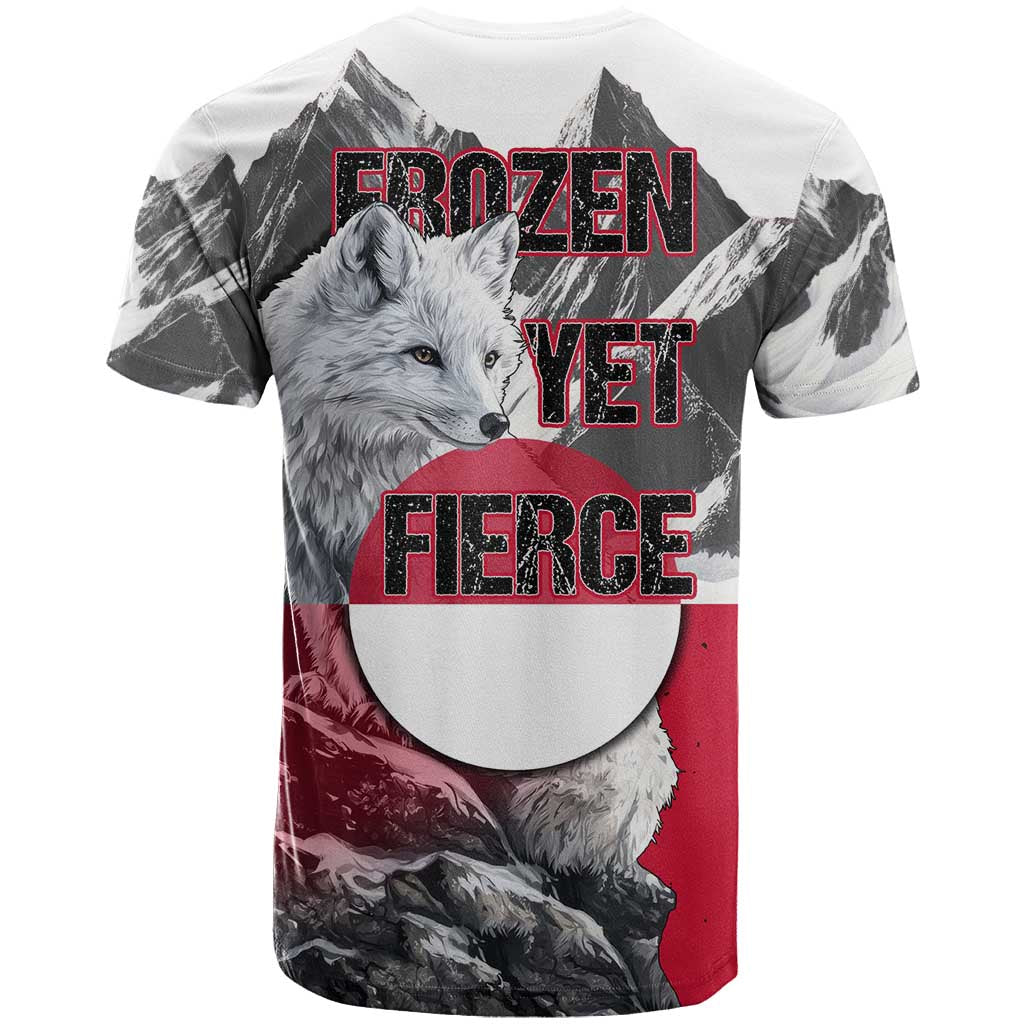 Greenland T-Shirt with Arctic Fox, Mountains, and Frozen Yet Fierce Text Design Graphic Tee