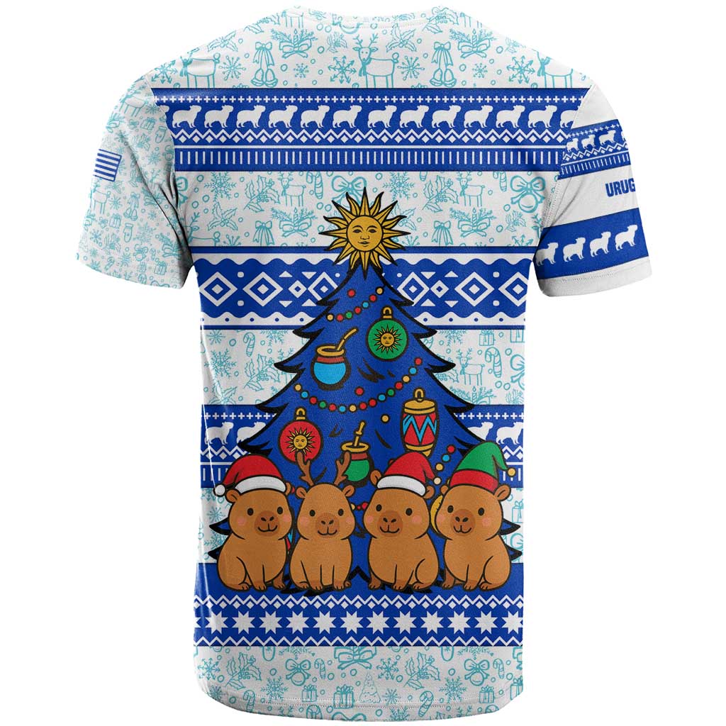 Uruguay Christmas T-Shirt with Capybaras Holiday Tree Sun Emblem and Blue Festive Pattern Graphic Tee