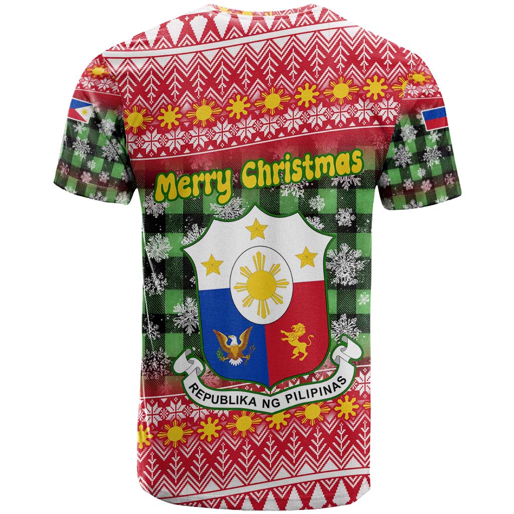 Philippines Christmas T-Shirt with Red-Green Plaid Design, Yellow Lion, and National Coat of Arms Motif Graphic Tee