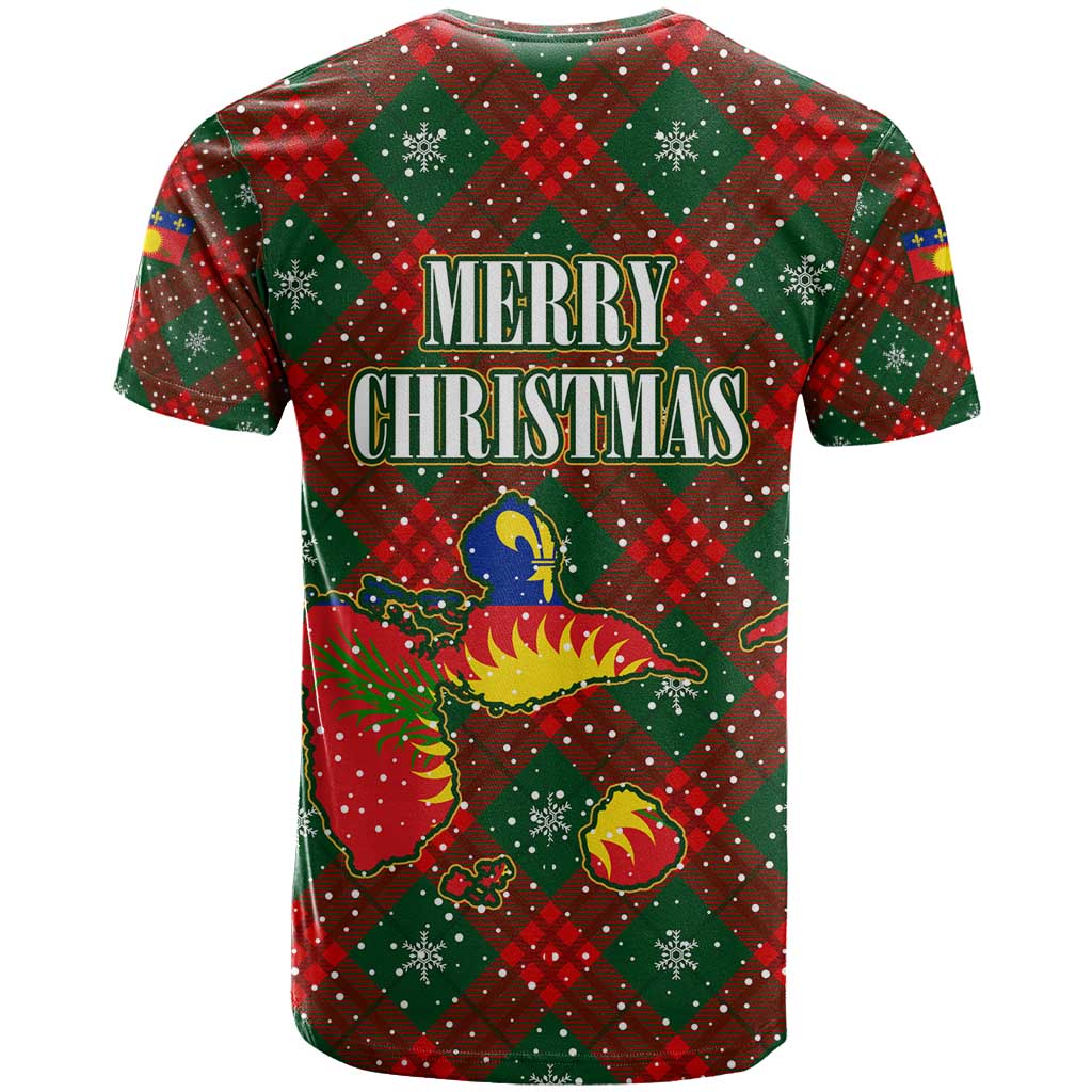 Guadeloupe Christmas T-Shirt with Green-Red Plaid Design, Island Map, and Traditional Santa Motif Graphic Tee