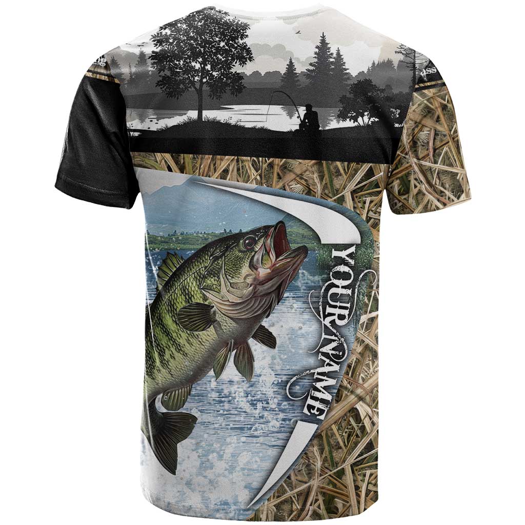 Personalized Largemouth Bass Fishing T-Shirt with Camo Reeds - Outdoor Angler Design Graphic Tee