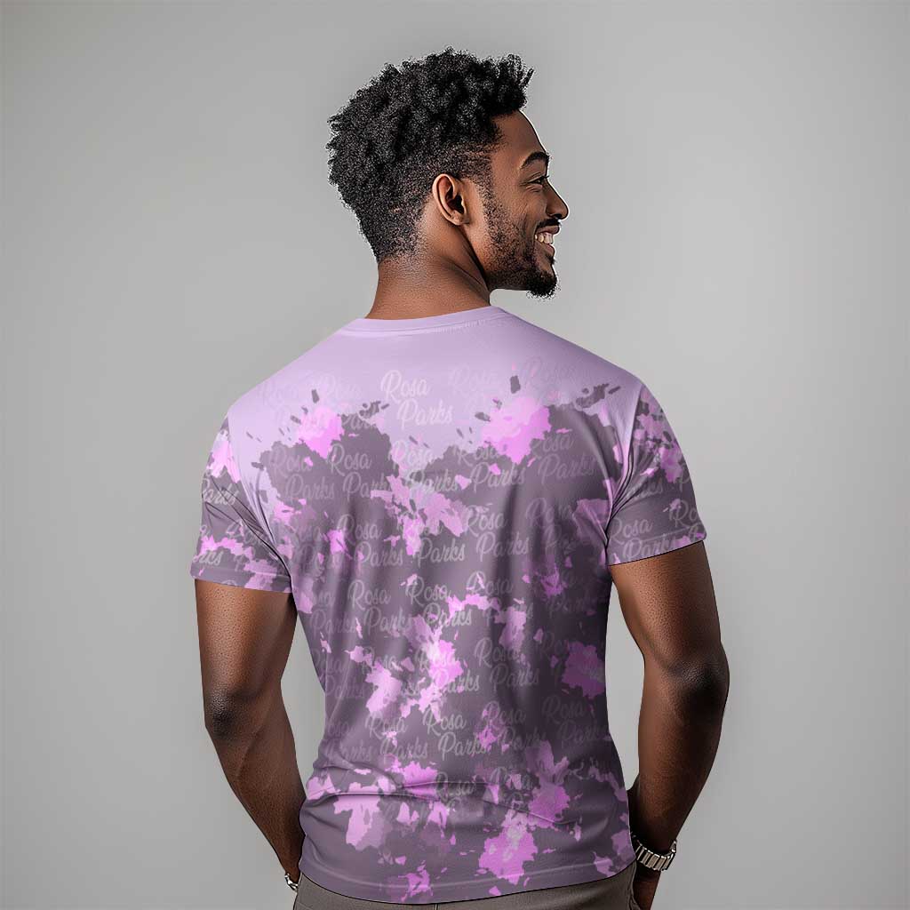 Rosa Parks T-Shirt Purple Floral Pattern Civil Rights Tribute Bold Name Repeated Text Design Graphic Tee