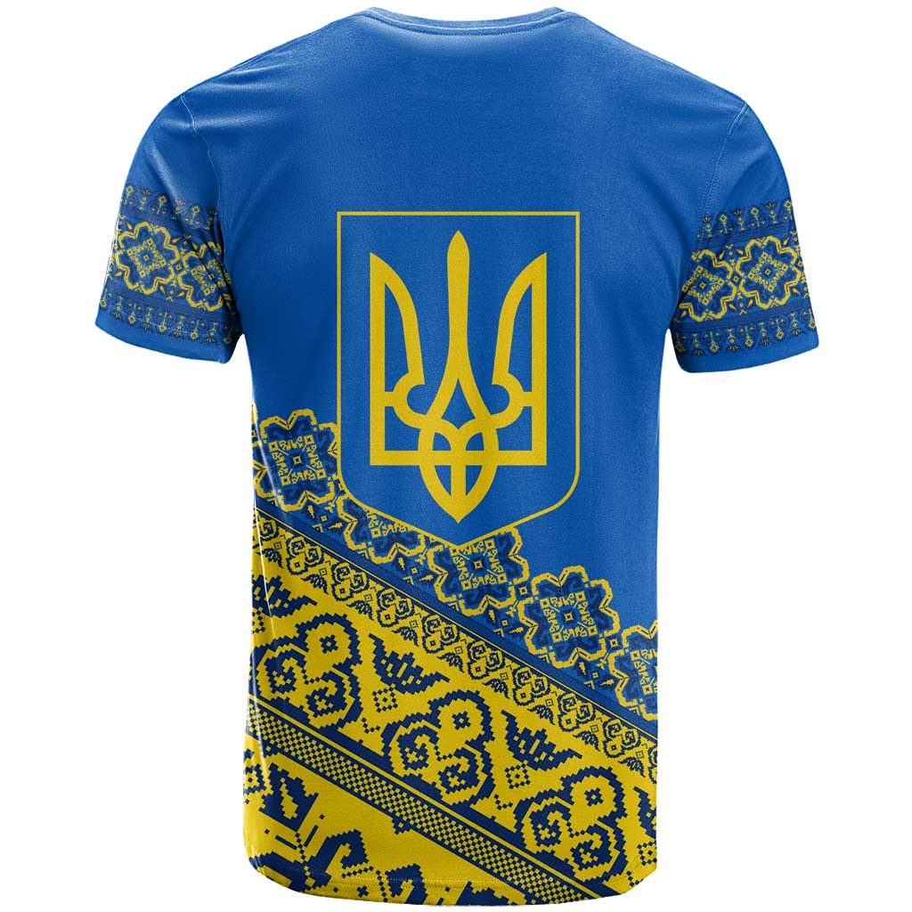 Ukraine Heritage Pride Vyshyvanka Pattern T-Shirt with National Symbol in Blue & Yellow Graphic Tee