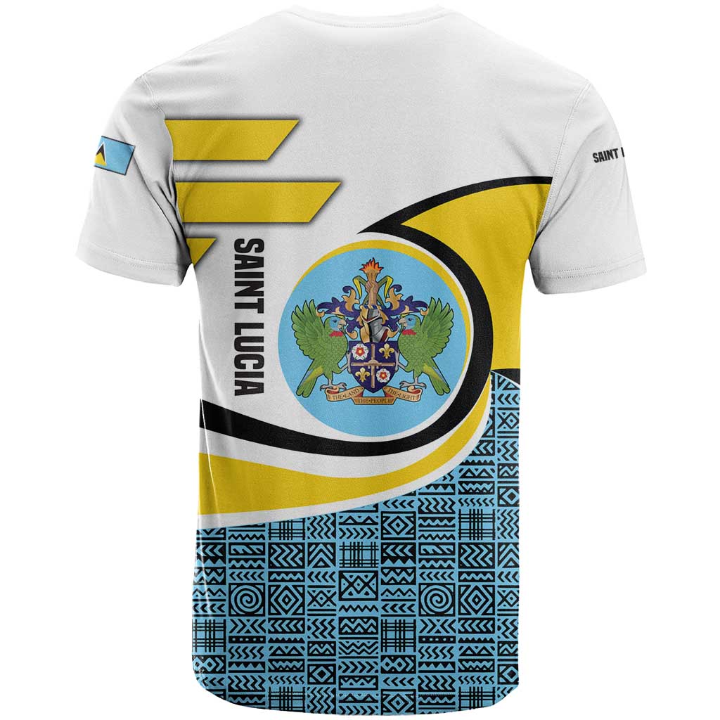 Saint Lucia Modern Tribal Crest Design T-Shirt with Flag Colors and Bold Text Layout Graphic Tee