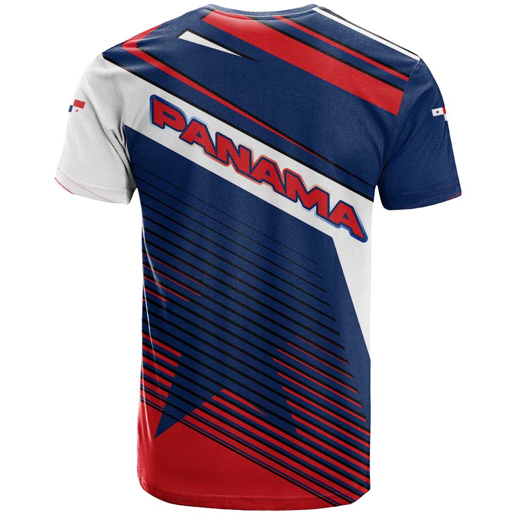 Panama Diagonal Stripe Design T-Shirt with Bold Red Blue Star and Flag Accents Graphic Tee