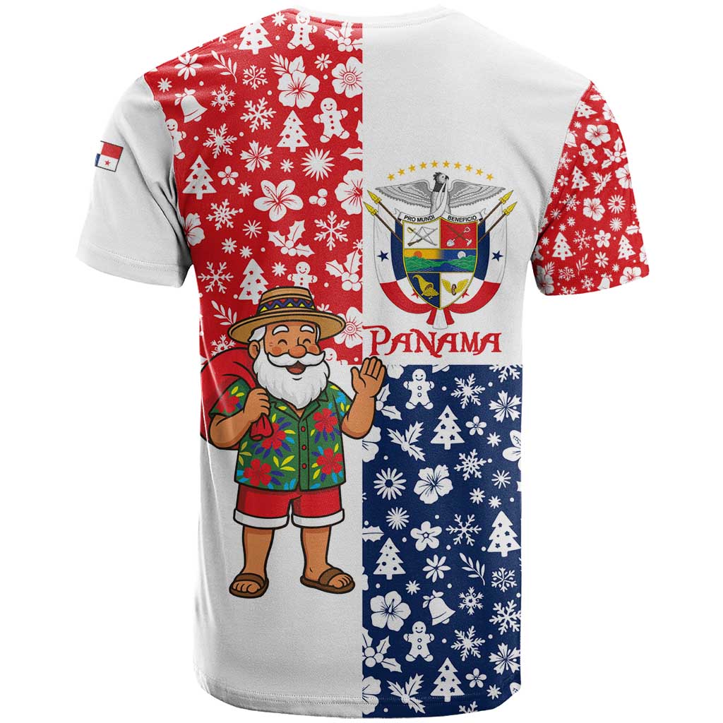 Panama Christmas T-Shirt with Tropical Santa National Coat of Arms and Festive Pattern Design Graphic Tee