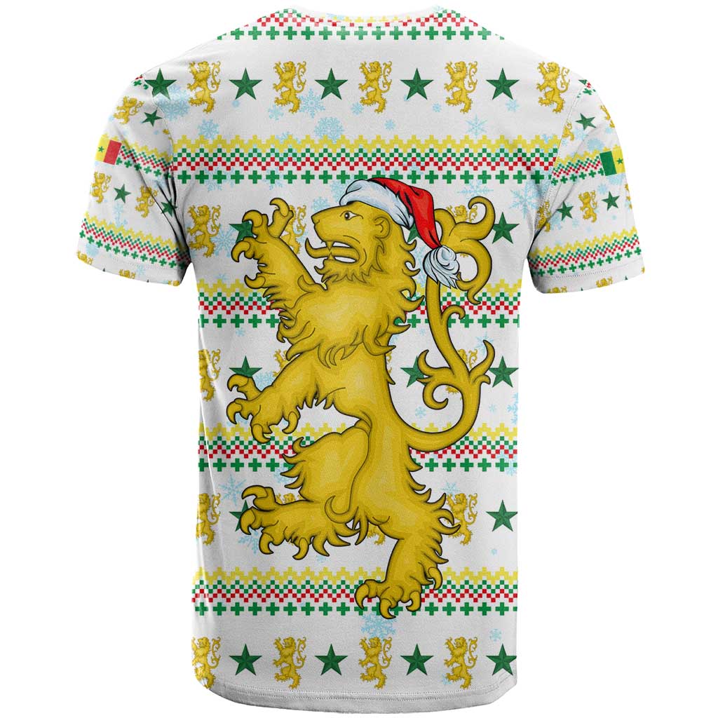 Senegal Christmas T-Shirt with White-Green-Yellow Design, Golden Lion, and Festive Stars Motif Graphic Tee
