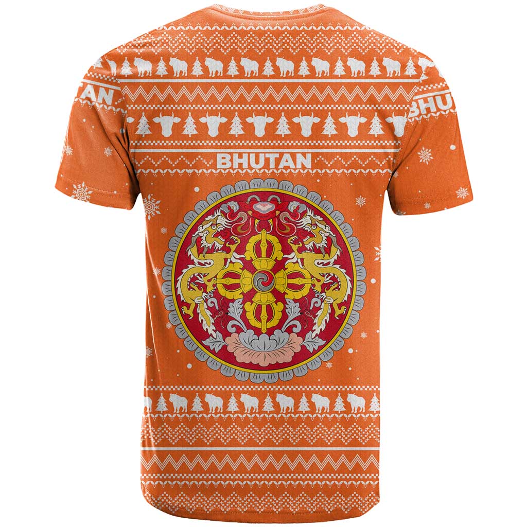 Bhutan Christmas T-Shirt with Takin Santa Hat Christmas Tree and Snowflake Pattern in Orange Graphic Tee