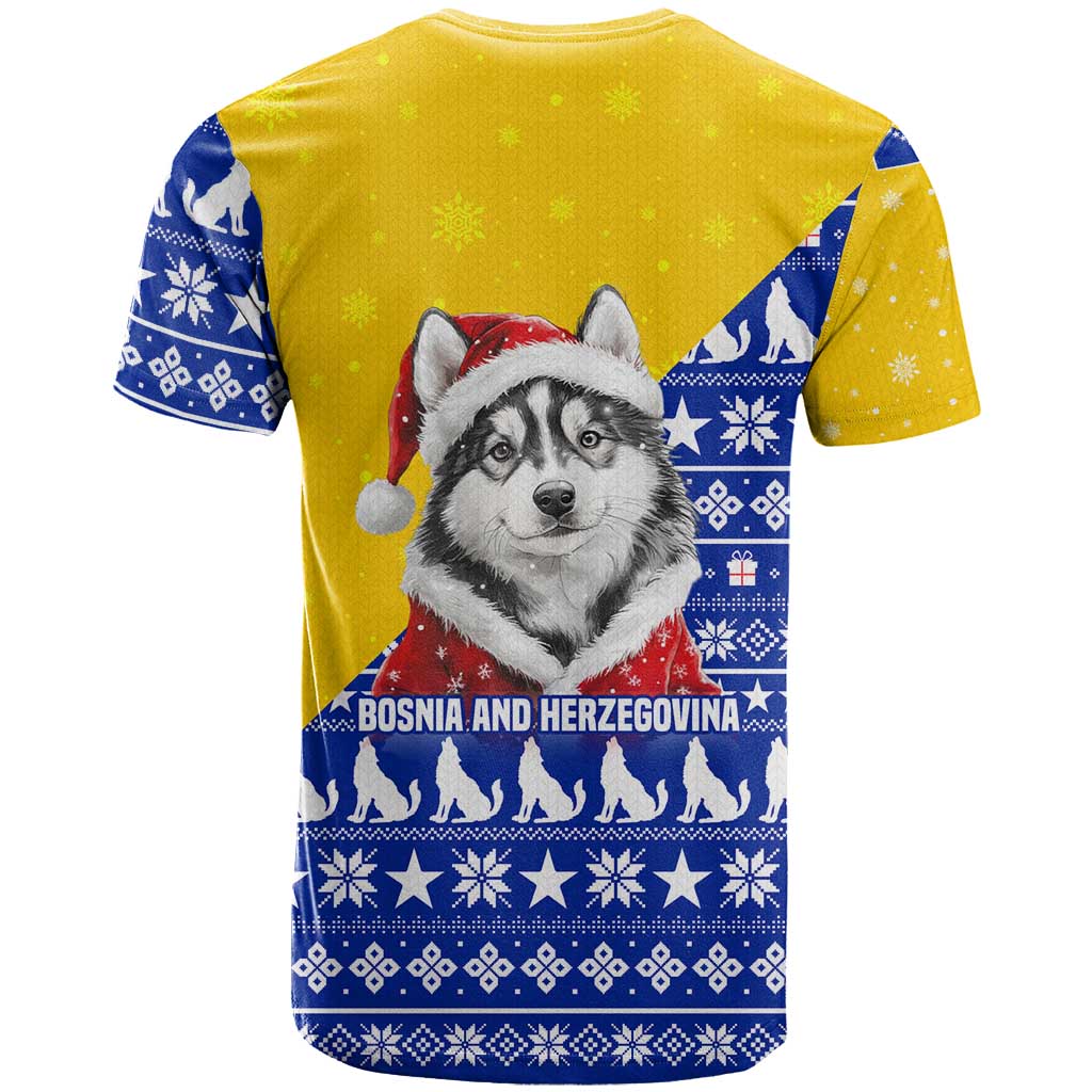 Bosnia and Herzegovina Christmas T-Shirt with Husky Dog Santa Hat and Blue Yellow Snowflake Pattern Graphic Tee