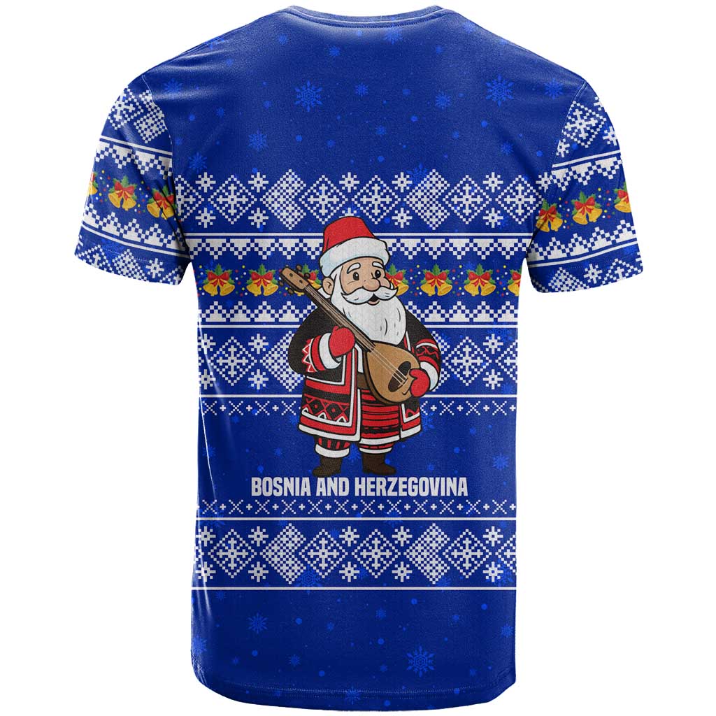 Bosnia and Herzegovina Christmas T-Shirt with Santa Playing Traditional Instrument and Blue Snowflake Pattern Graphic Tee