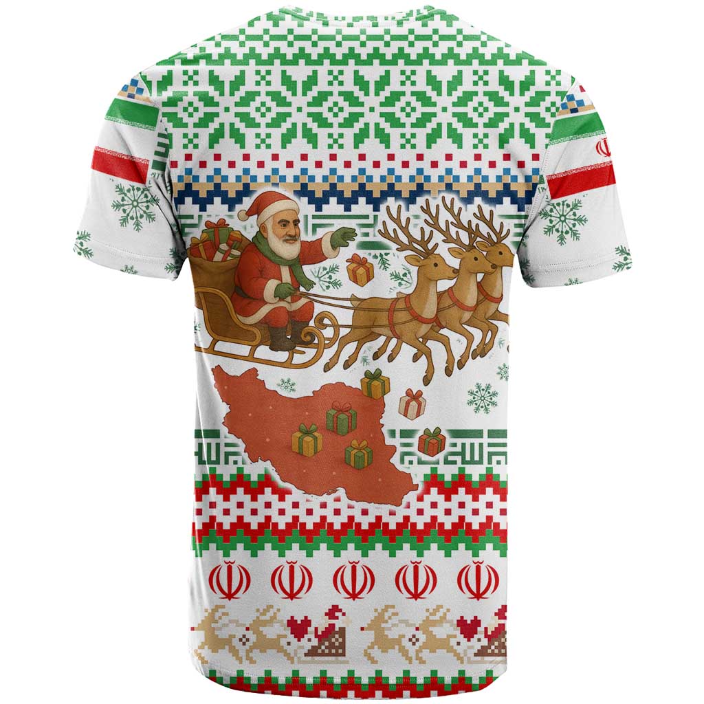 Iran Christmas T-Shirt with Santa Sleigh Reindeer Map and Green Red Snowflake Pattern Graphic Tee