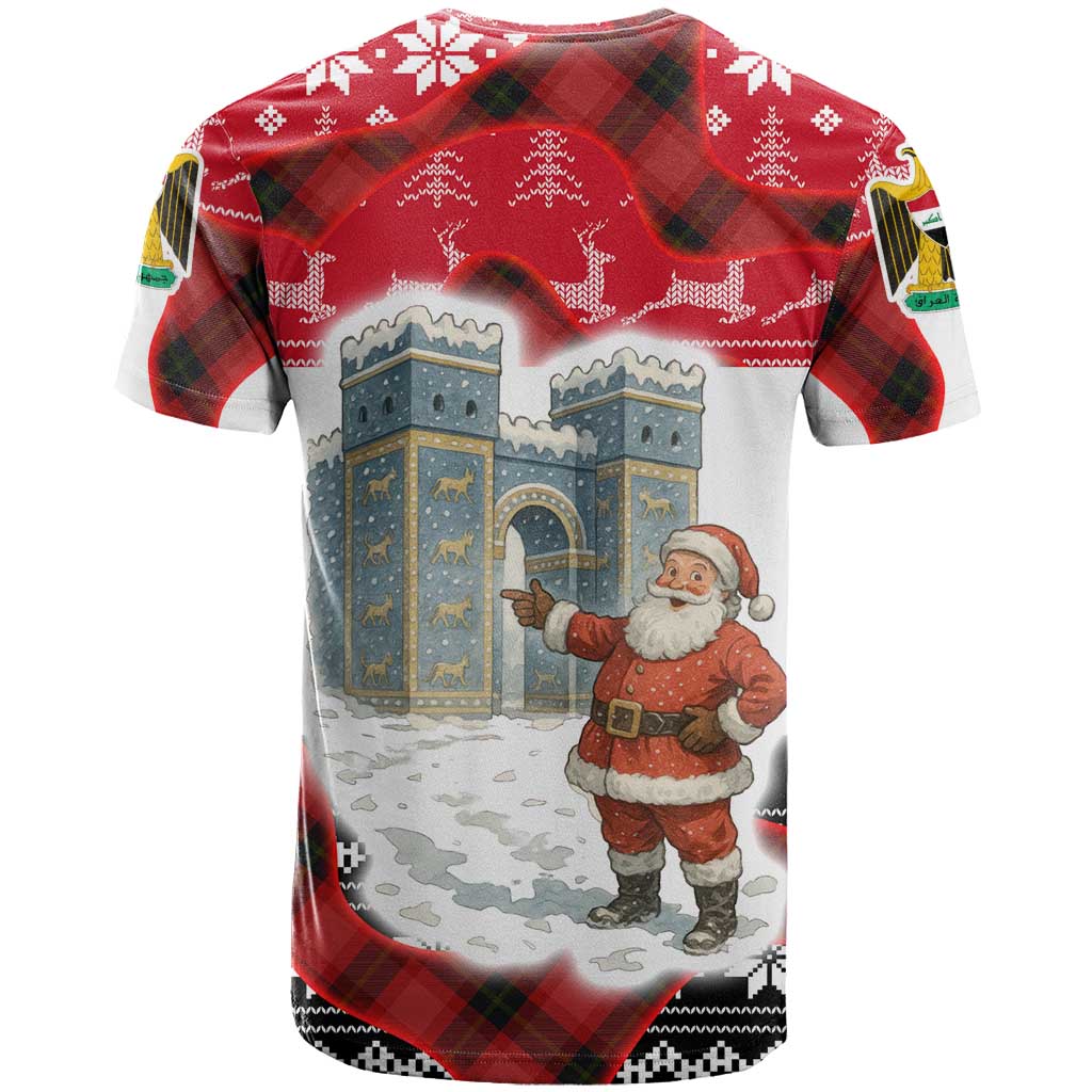 Iraq Christmas T-Shirt with Santa Ishtar Gate Red Plaid and Snowflake Reindeer Pattern Graphic Tee
