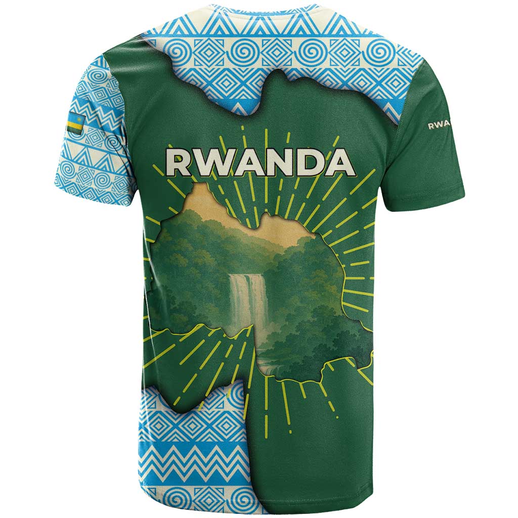 Rwanda T-Shirt with Green Nature Map Waterfall Sunburst Spirit Graphic Tee