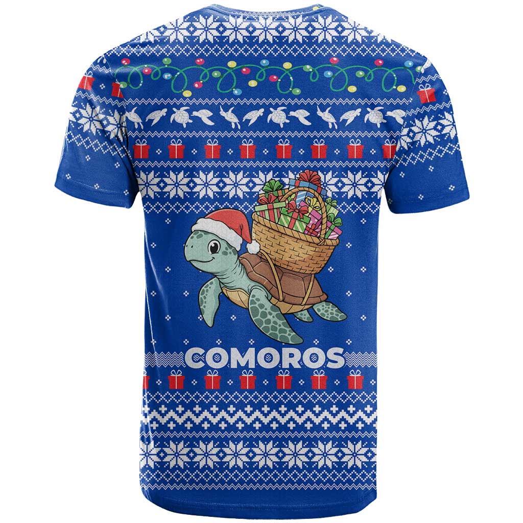 Comoros Christmas T-Shirt with Santa Turtle Gifts Snowflakes and Ocean Blue Holiday Pattern Graphic Tee