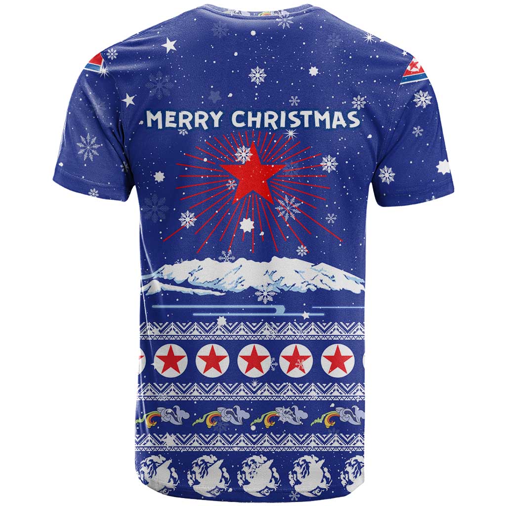 North Korea Christmas T-Shirt with Blue Pattern, Red Star, and Snowy Mountain Motif Graphic Tee