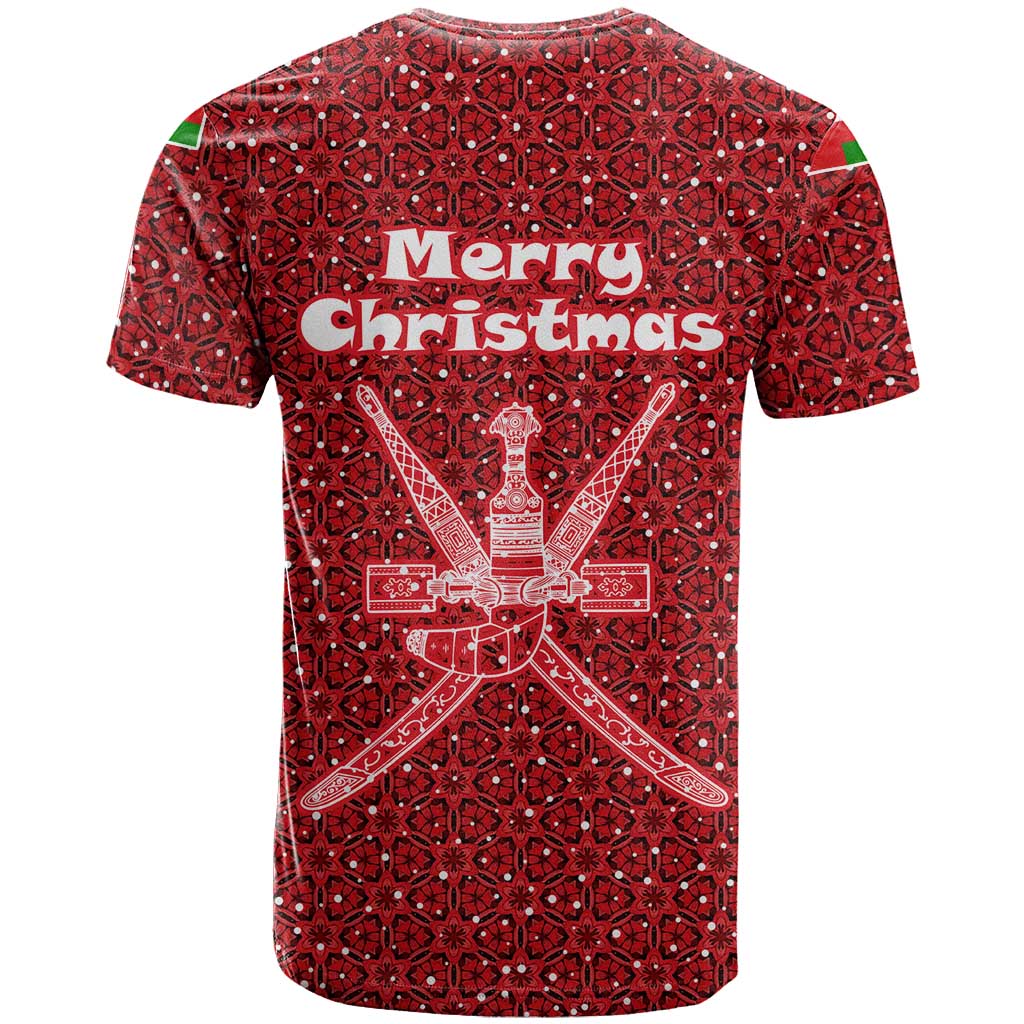 Oman Christmas T-Shirt with Red Geometric Design, White Oryx, and National Emblem Motif Graphic Tee