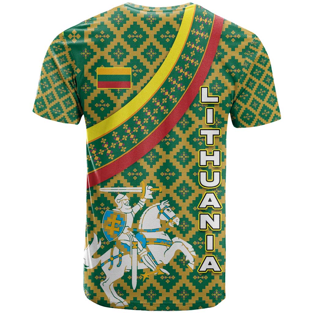 Lithuania Knight Pattern T-Shirt with Traditional Green Yellow Red Design and Vytis Emblem Graphic Tee