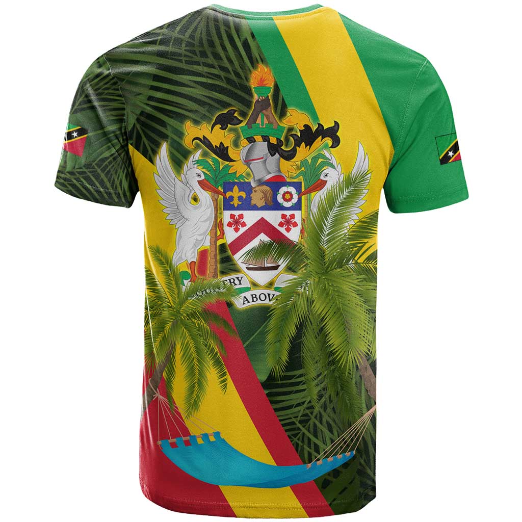 Saint Kitts and Nevis Apparel T-Shirt with Coat of Arms, Palm Trees, and Hammock Graphic in Tropical Green and Flag-Inspired Design Graphic Tee
